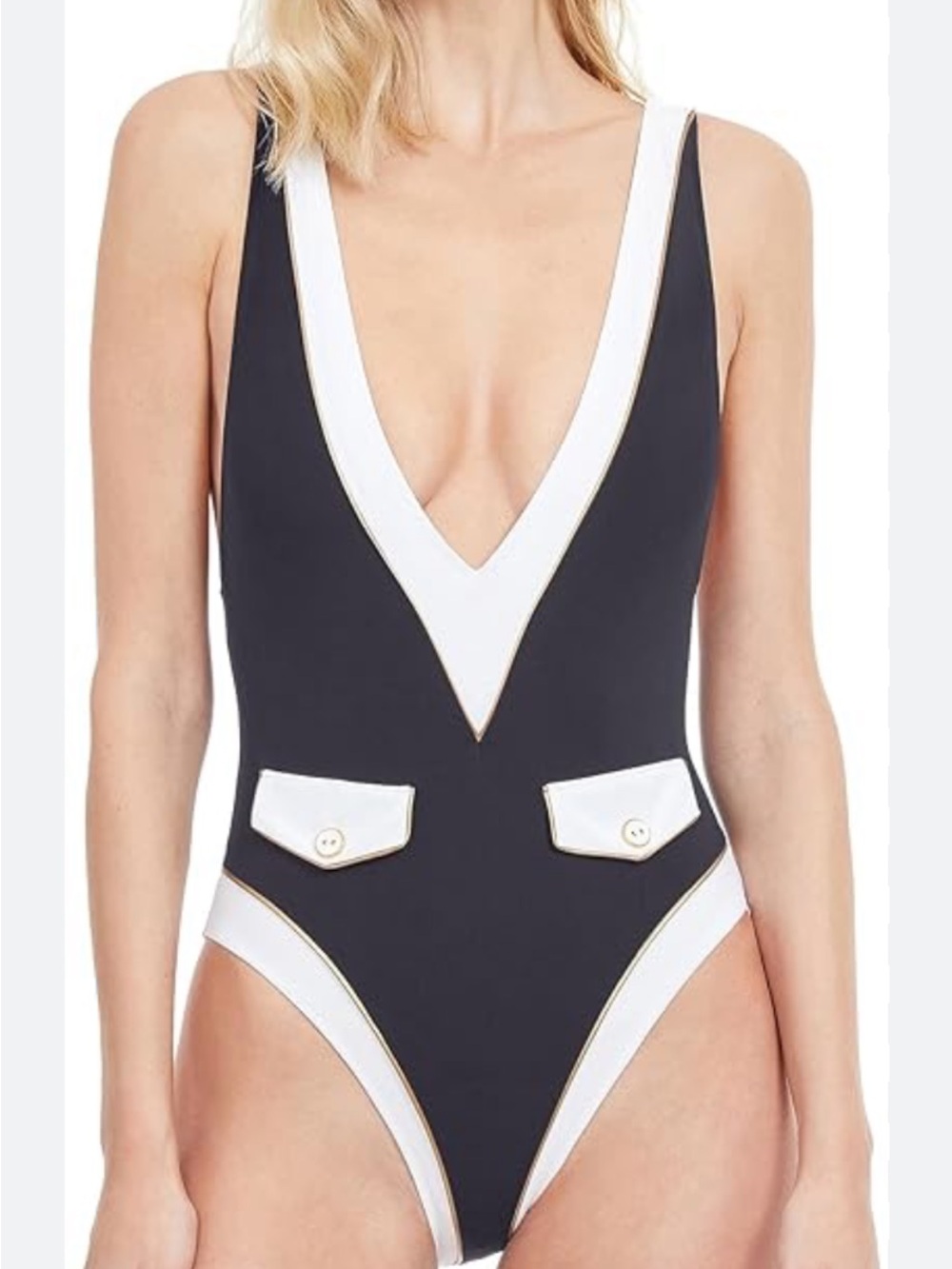 Gottex Navy and White  High Class Plunge Swimsuit with Gold Button Detail